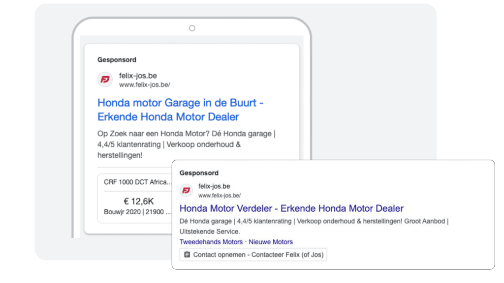Overzicht van enkele google ads die Digimove heeft uitgevoerd voor Felix en Jos