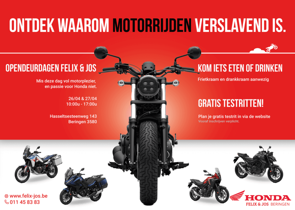 De reclame van felix en Jos die in het magazine motorijder.be is verschenen in April 2025